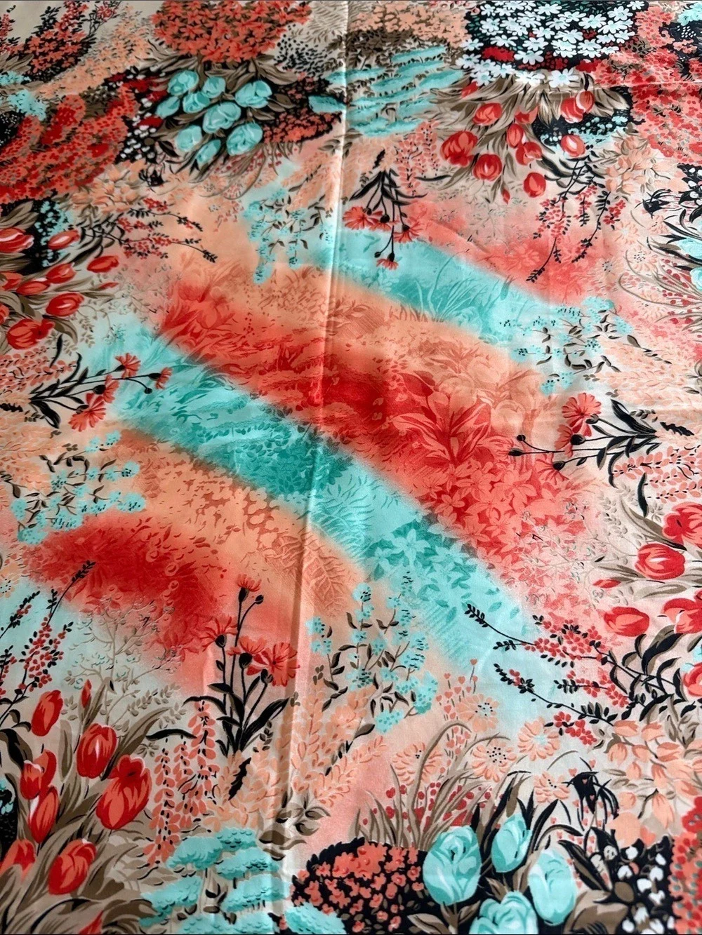 Arnisa Istanbul Vintage Floral Scarf Coral Teal Peach 35” Square